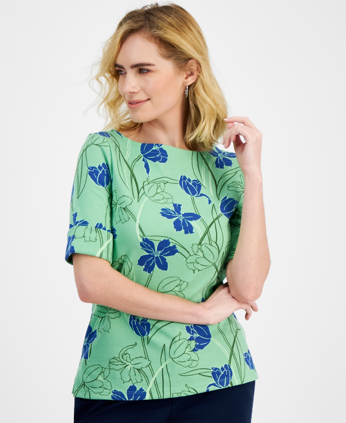Shop Style & Co Petite Tulip Menagerie Elbow-sleeve Knit Top, Created For Macy's In Tulip Green