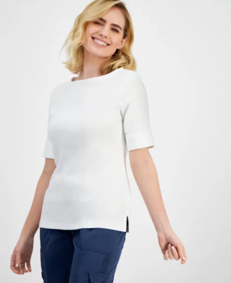 Petite Cotton Elbow-Sleeve Boat-Neck Top - Bright White