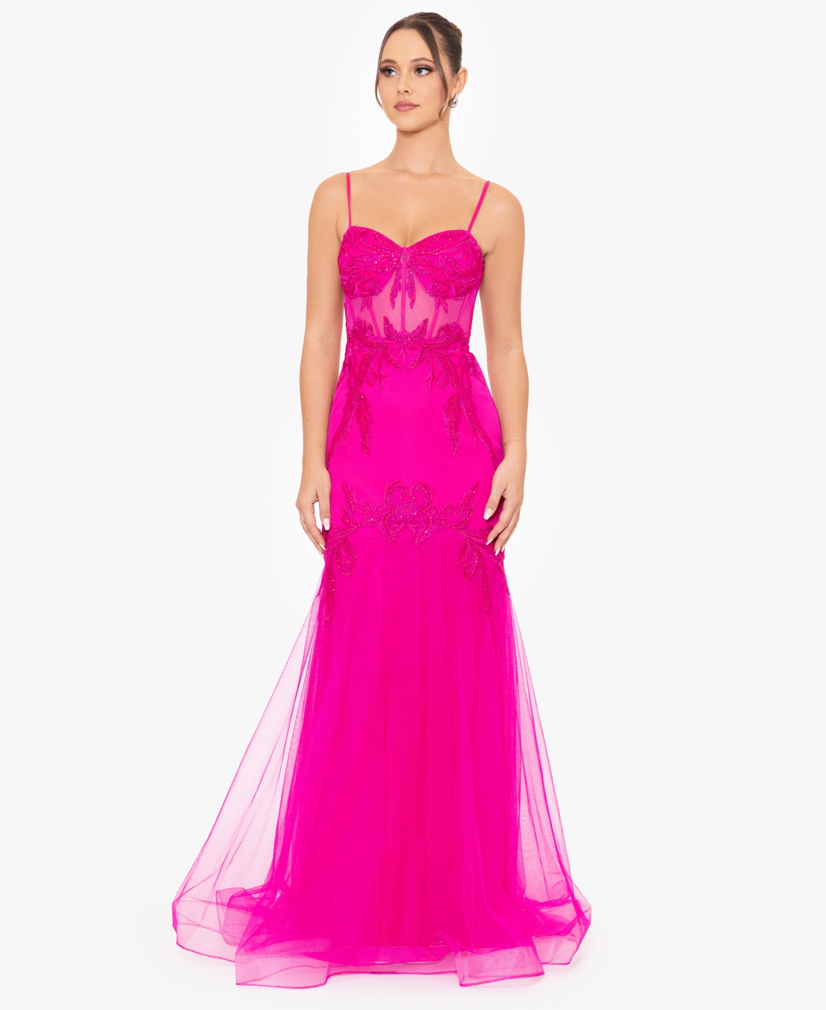 Juniors' Sequined-Lace Corset Gown - Hot Pink