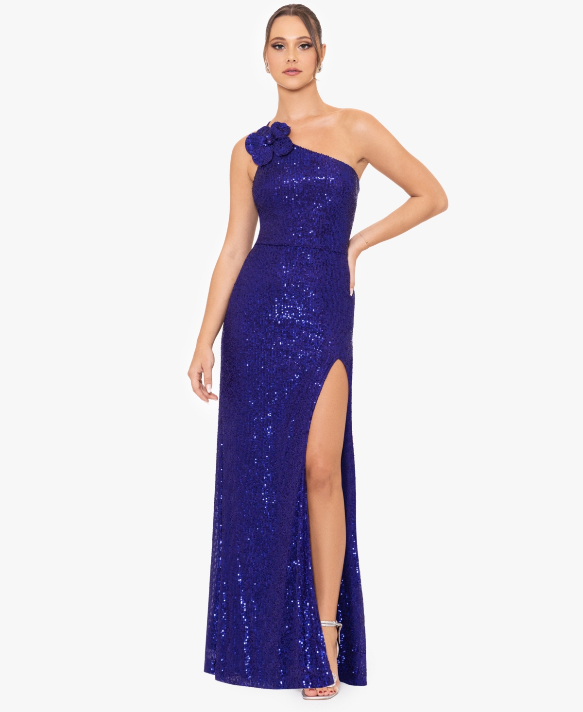 Juniors' Rosette Sequined One-Shoulder Gown - Grape