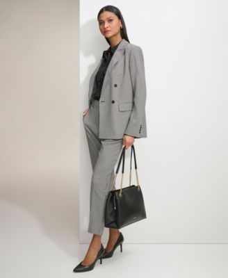 Karl Lagerfeld Womens Gingham Double Breasted Blazer Ruffled Blouse Gingham Straight Leg Pants In Black