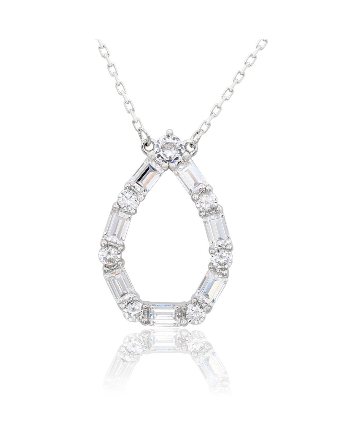 Suzy Levian Sterling Silver Cubic Zirconia Alternating Round & Baguette Open Tear Drop Pendant Necklace - White