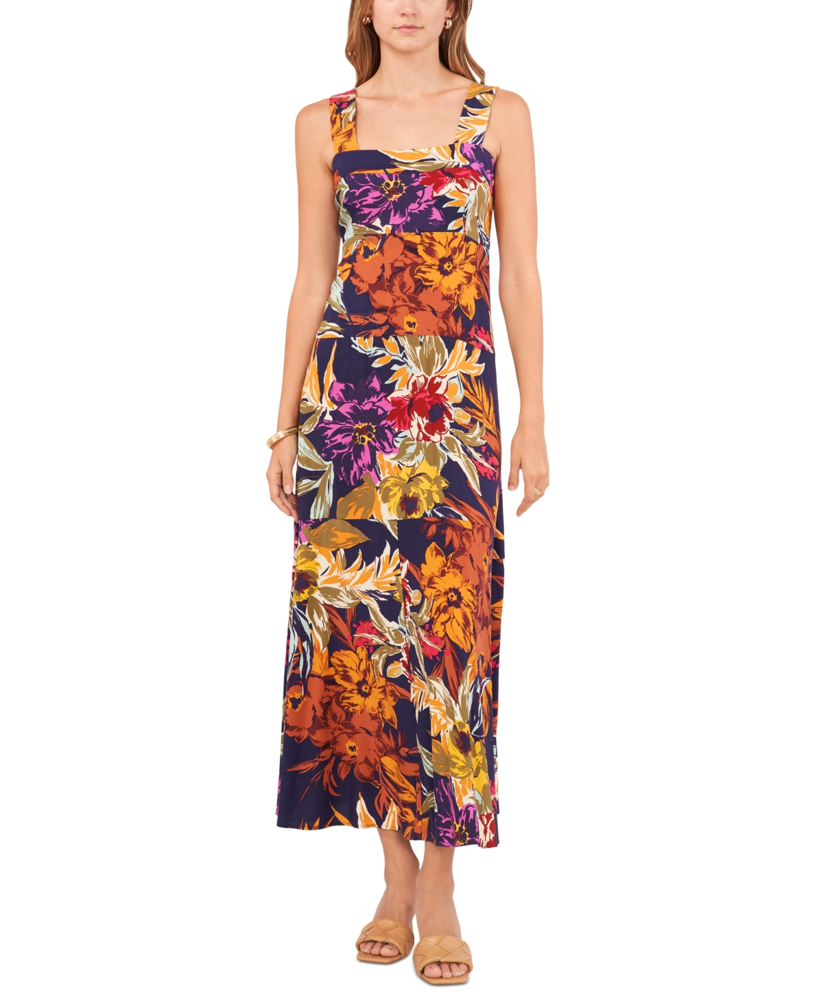 Vince Camuto Printed Square-Neck Smocked-Back Maxi Dress