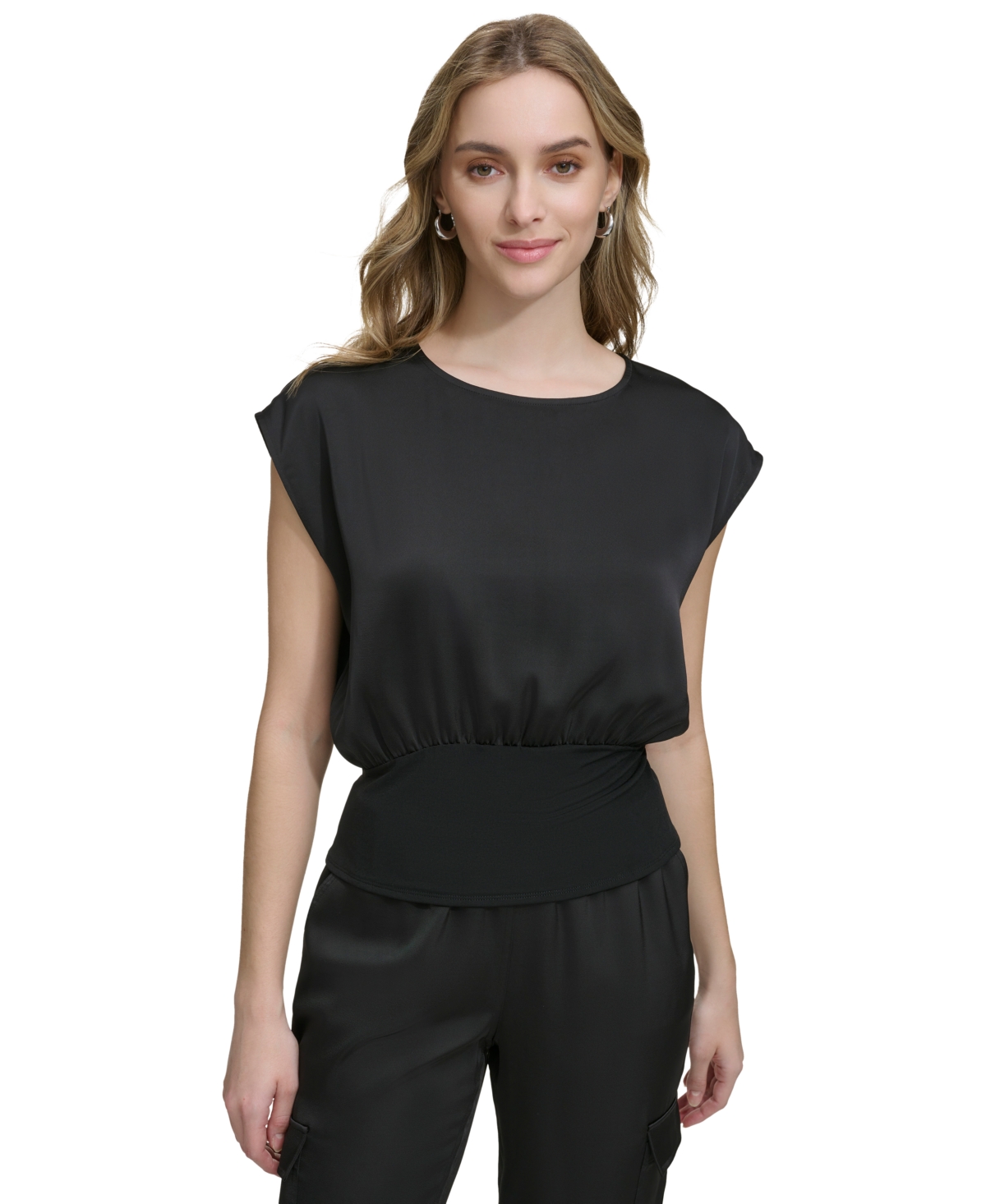 Shop Calvin Klein Women's Banded-waist Extended-shoulder Top In Black