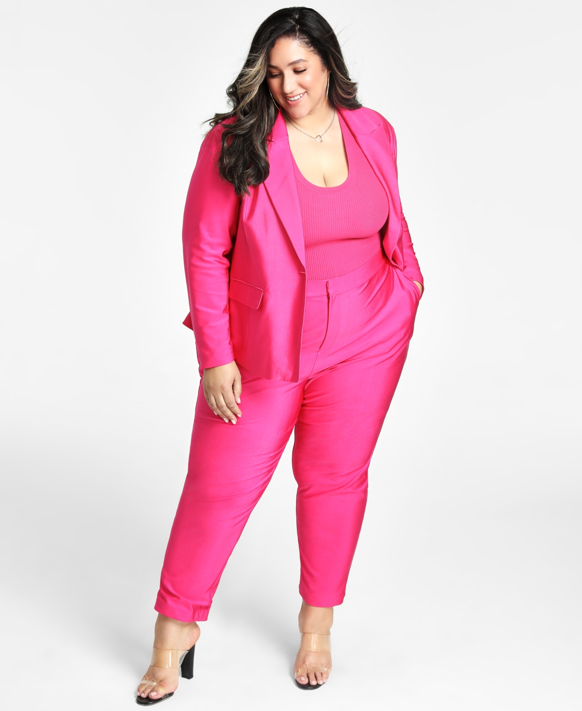 Trendy Plus Size Satin One-Button Blazer - Shiny Pink Yarrow