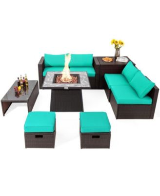 9 Pieces Patio PE Wicker Sectional Set with 50000 BTU Fire Pit Table