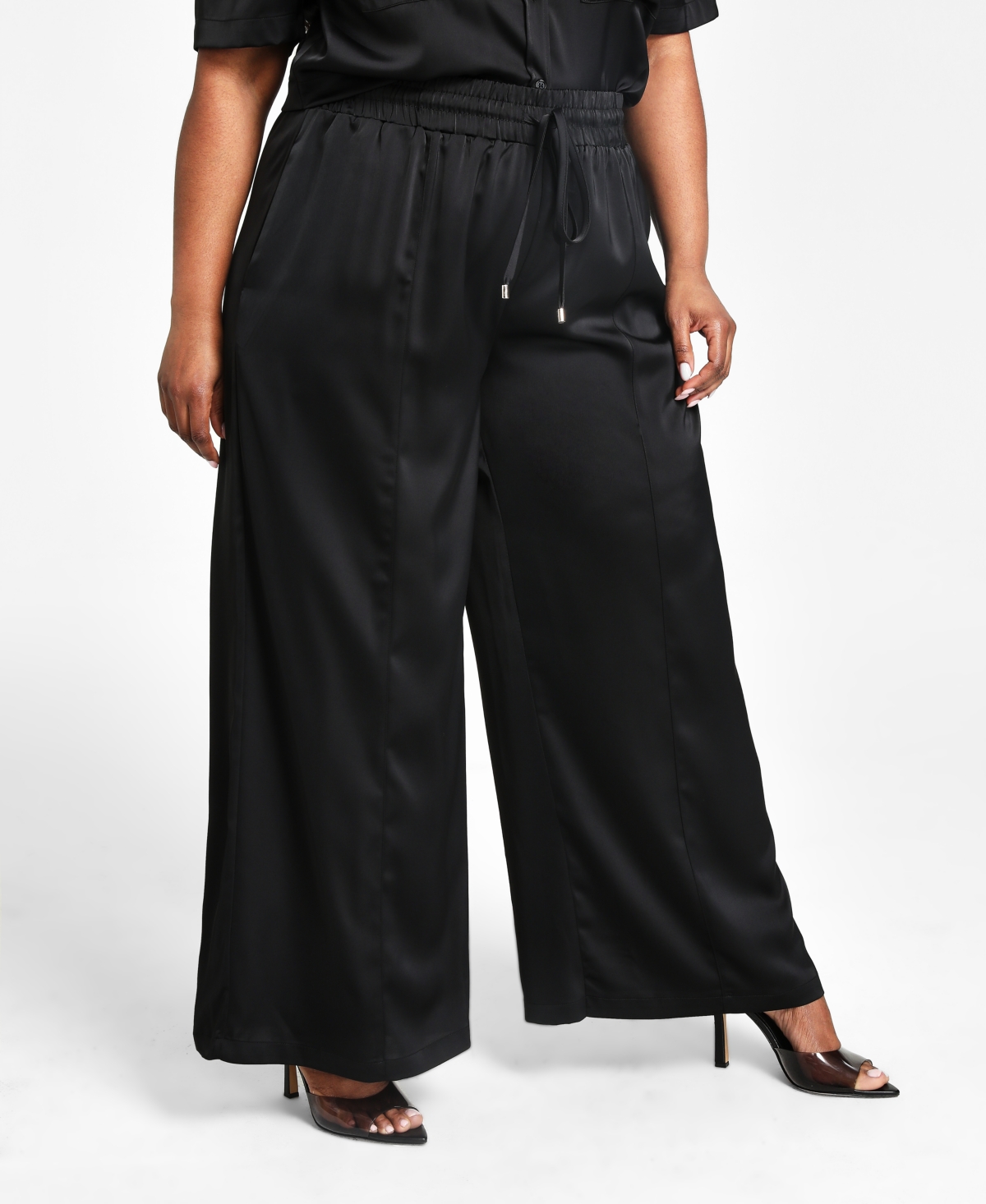 Shop Nina Parker Trendy Plus Size Printed Satin Wide-leg Pants In Black Beauty