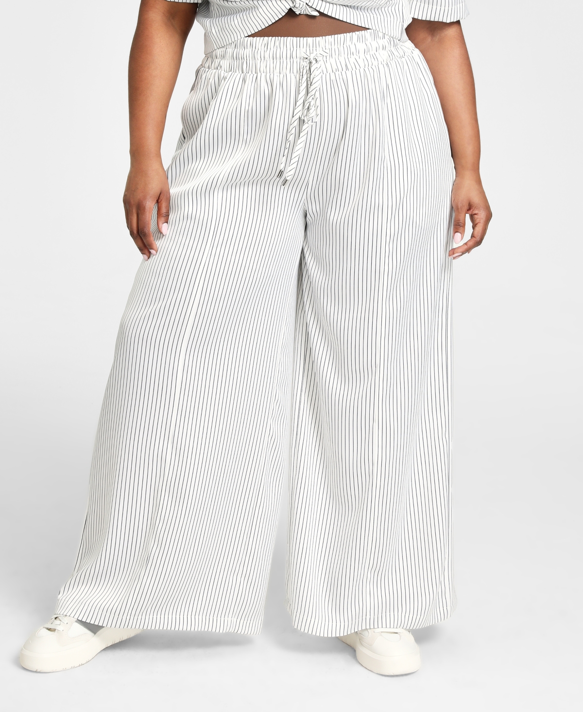 Shop Nina Parker Trendy Plus Size Printed Satin Wide-leg Pants In Indigo,white Stripe