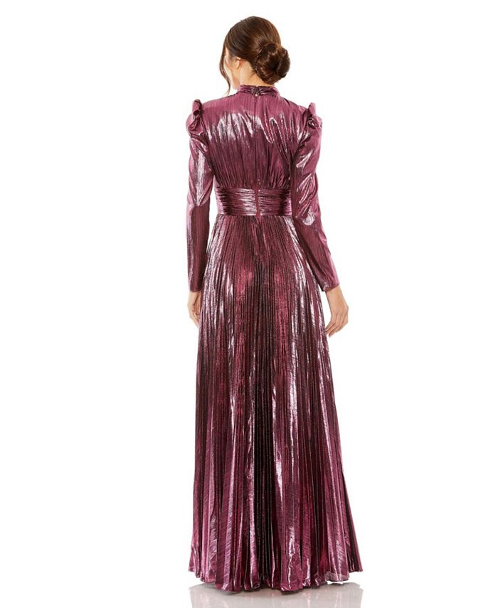 Mac Duggal Women's Long Sleeve Keyhole Neck Heat Pleat Metallic Gown ...