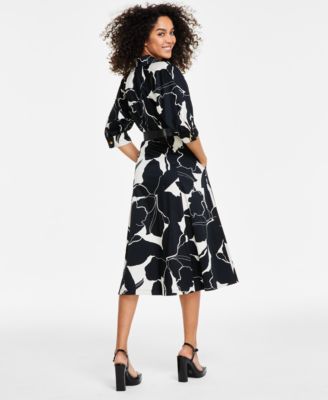 ◆Donna Karan プリントフェイクレザーベルトミディシャツドレス Donna Karan New York Women's Printed Faux-Leather Belt Midi