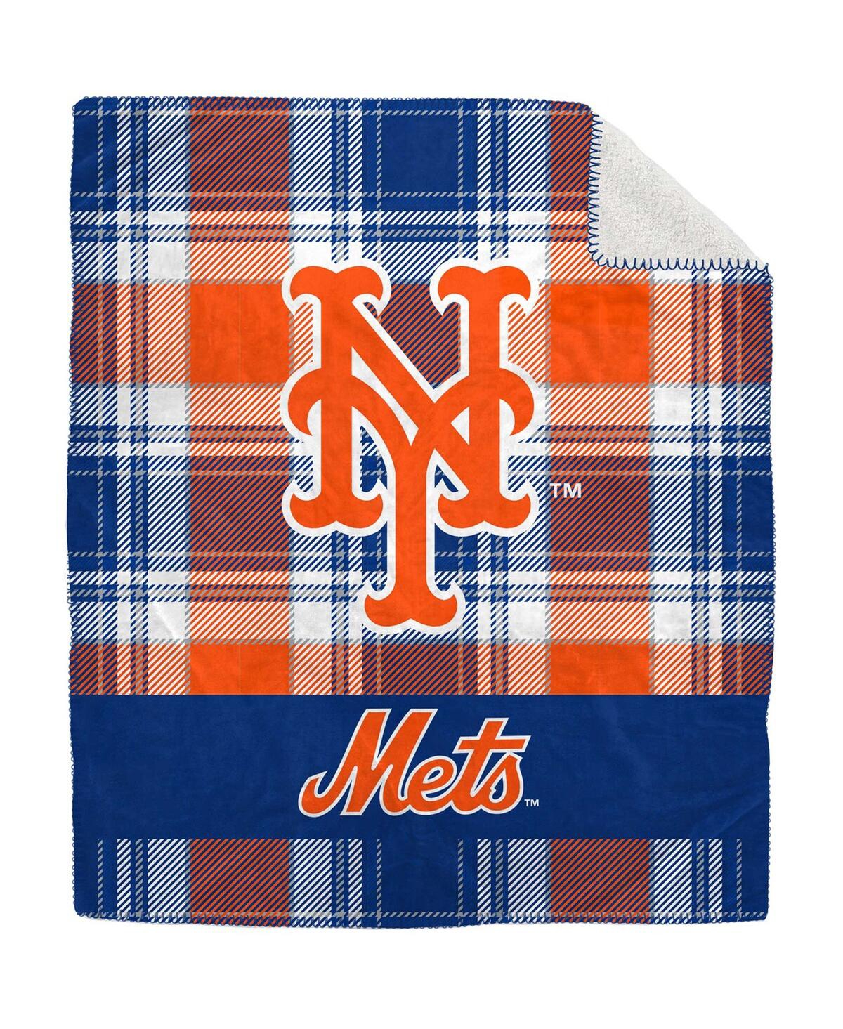 Pegasus Home Fashions New York Mets 50" X 60" Plaid Flannel Sherpa Plush Blanket In Blue,orange