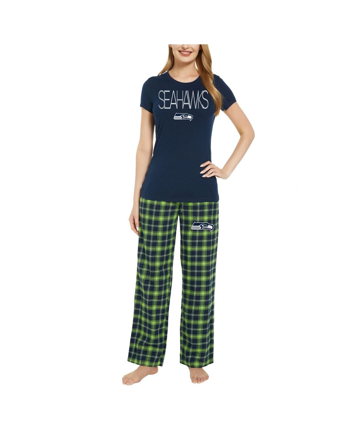 Shop Concepts Sport Women's  Navy, Neon Green Seattle Seahawks Arcticâ T-shirt And Flannel Pants Sleep Set In Navy,neon Green