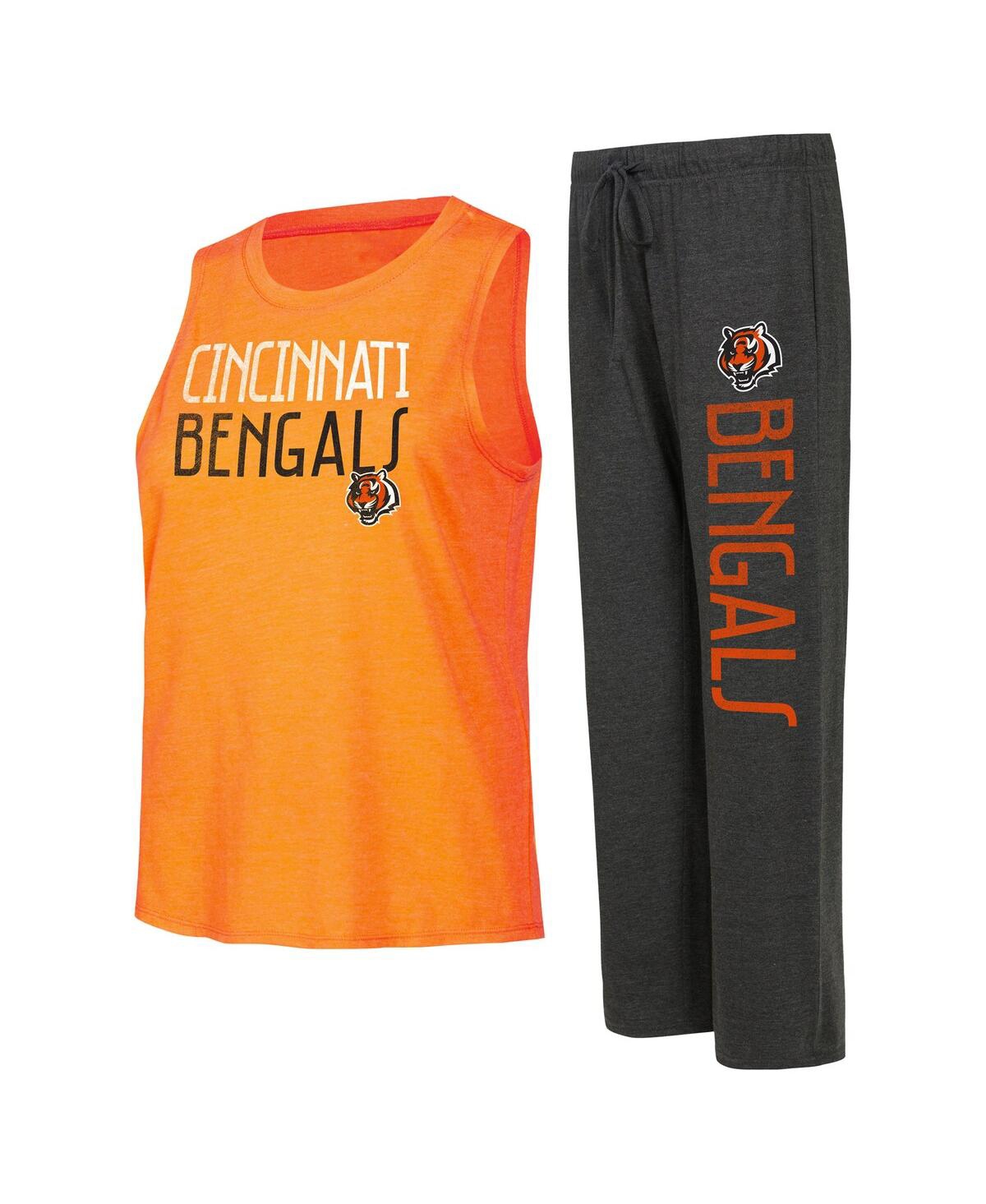 Shop Concepts Sport Women's  Black, Orange Distressed Cincinnati Bengals Muscle Tank Top And Pants Lounge  In Black,orange