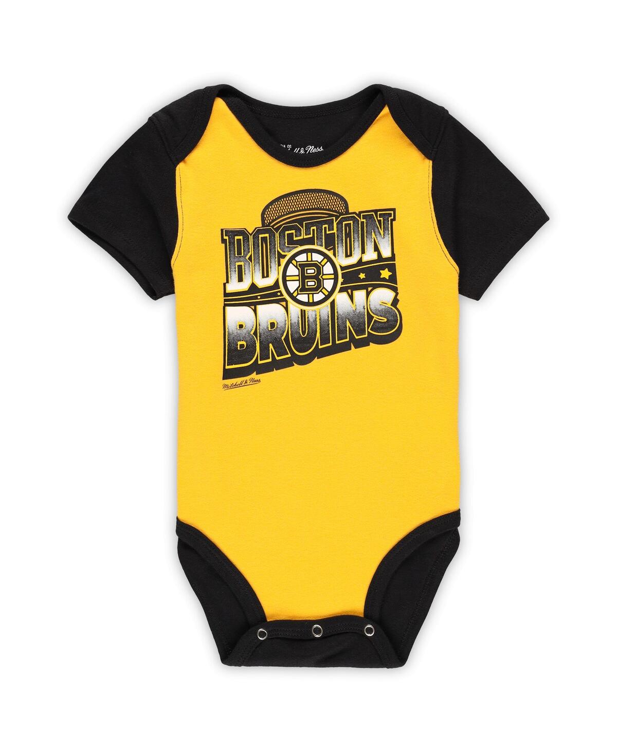 Shop Mitchell & Ness Infant Boys And Girls  Gold, Black Boston Bruins Big Score 3-pack Bodysuit, Bib And B In Gold,black