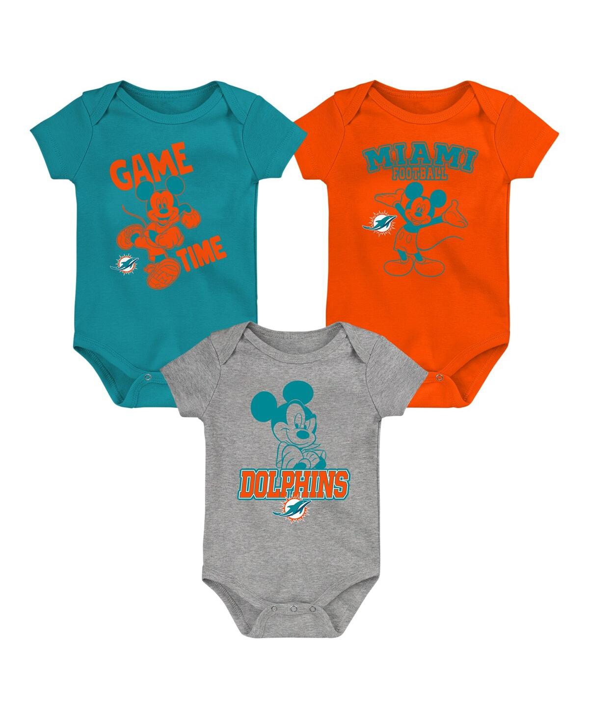 OUTERSTUFF NEWBORN AND INFANT BOYS AND GIRLS AQUA, ORANGE, GRAY MIAMI DOLPHINS THREE-PIECE DISNEY GAME TIME BOD