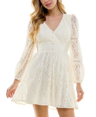 City Studios - Juniors' V-Neck Crochet-Lace Long-Sleeve Dress