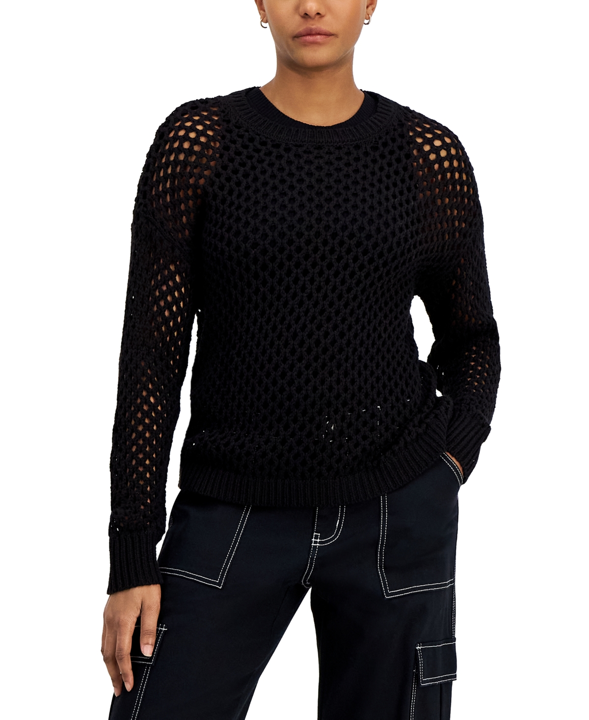 Shop Hooked Up By Iot Juniors' Crewneck Long-sleeve Mesh Sweater In Black