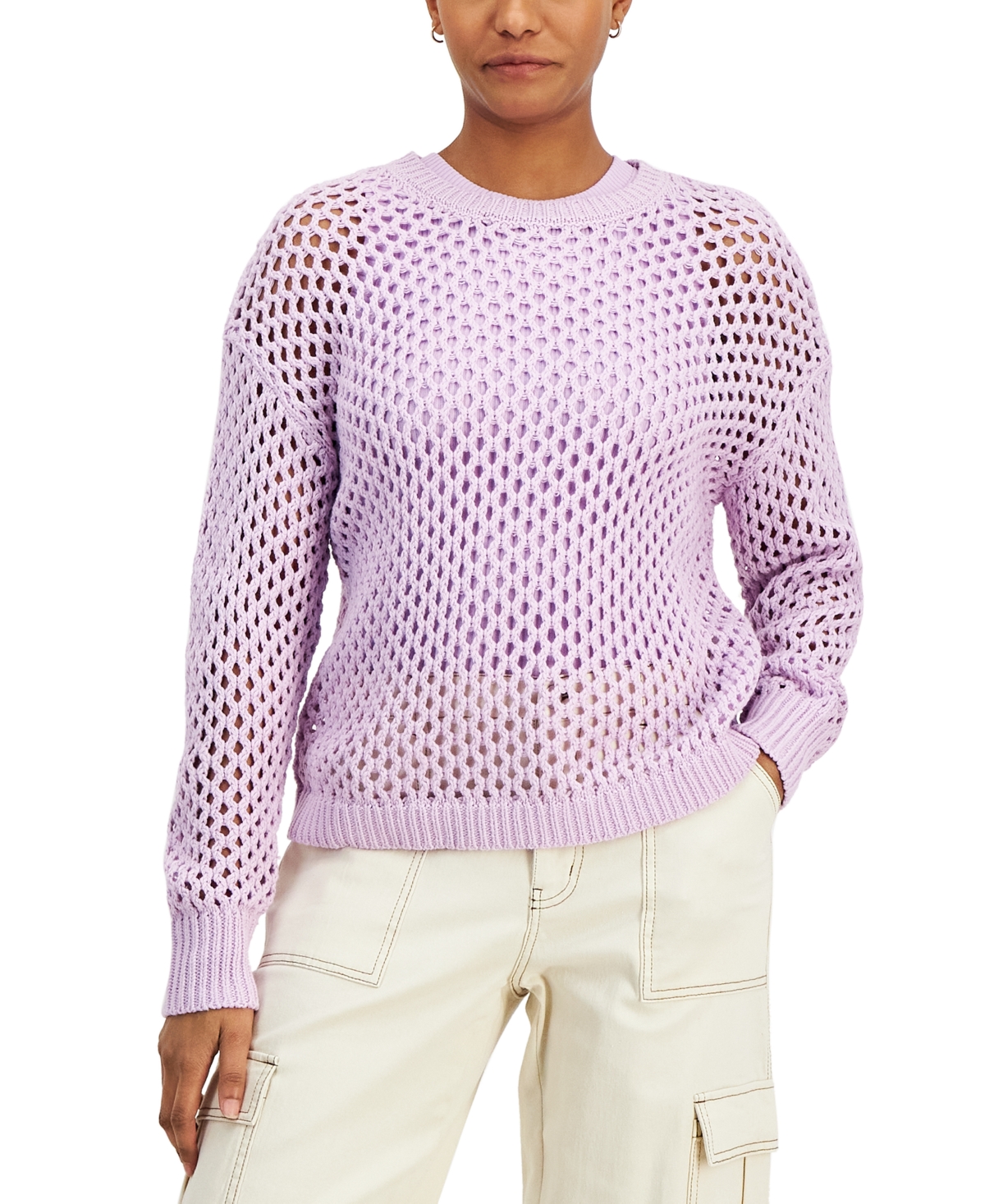 Shop Hooked Up By Iot Juniors' Crewneck Long-sleeve Mesh Sweater In Lavender Lily