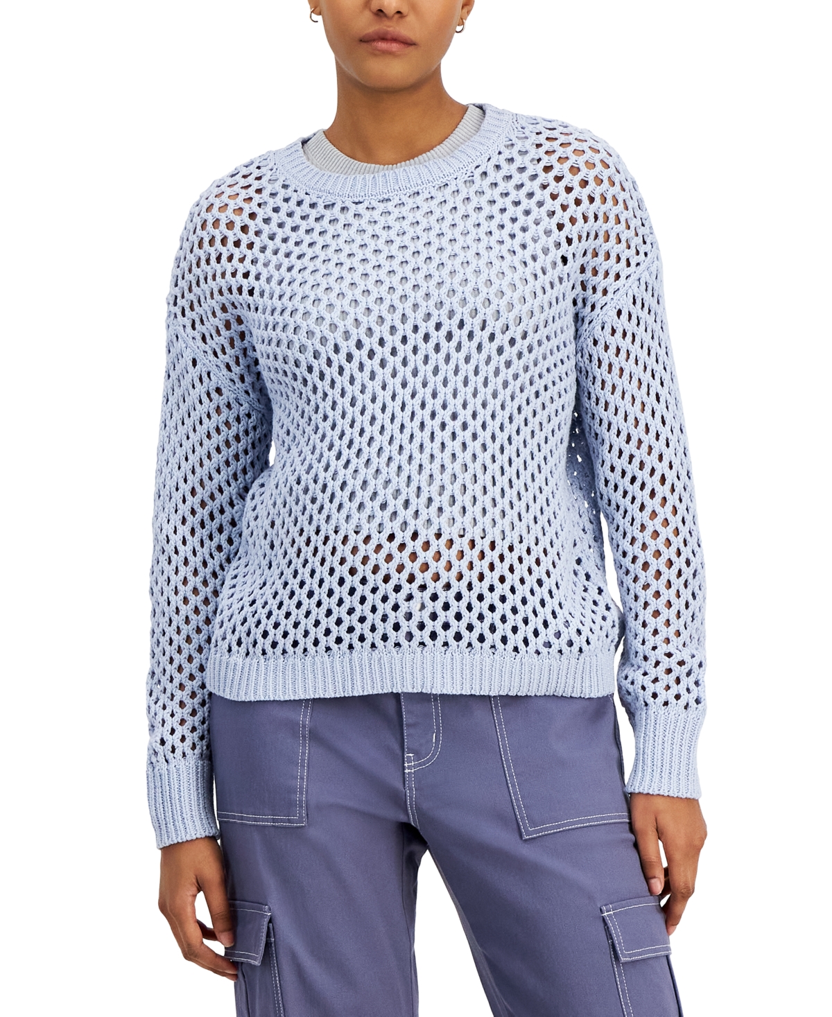 Shop Hooked Up By Iot Juniors' Crewneck Long-sleeve Mesh Sweater In Skylight Blue