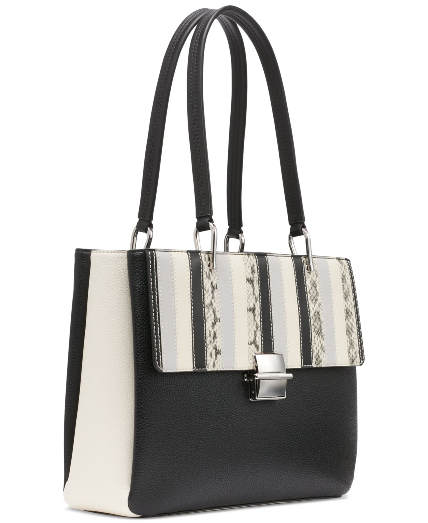 Женская сумка Calvin Klein Clove Mixed Material Push-Lock Triple Compartment, цвет: Чёрный / Белый змеиный — фото 2