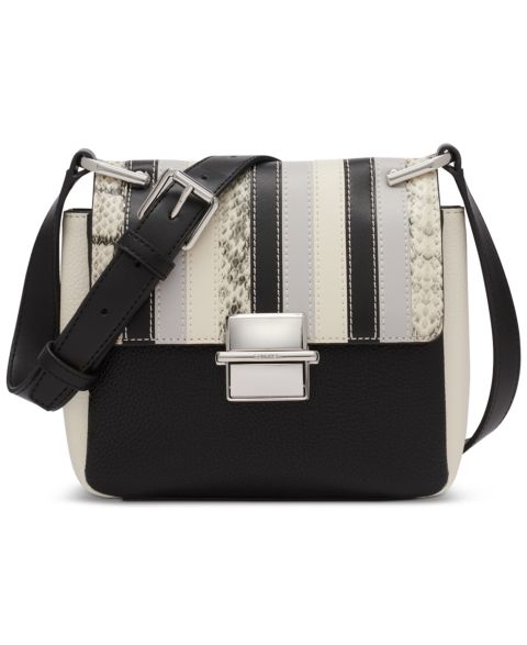 Женская сумка Calvin Klein Clove Mixed Material Push-Lock Crossbody with Adjustable Strap, цвет: Чёрный / Белый змеиный