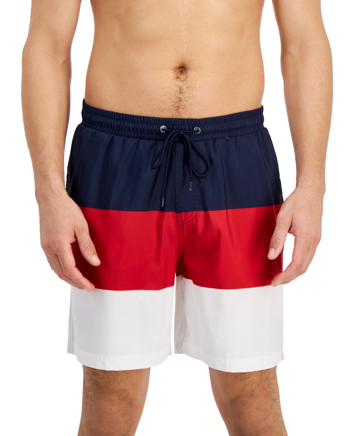Shop Club Room Men's Colorblocked 7" Swim Trunks, Created For Macy's In Navy Blue And Fire Combo