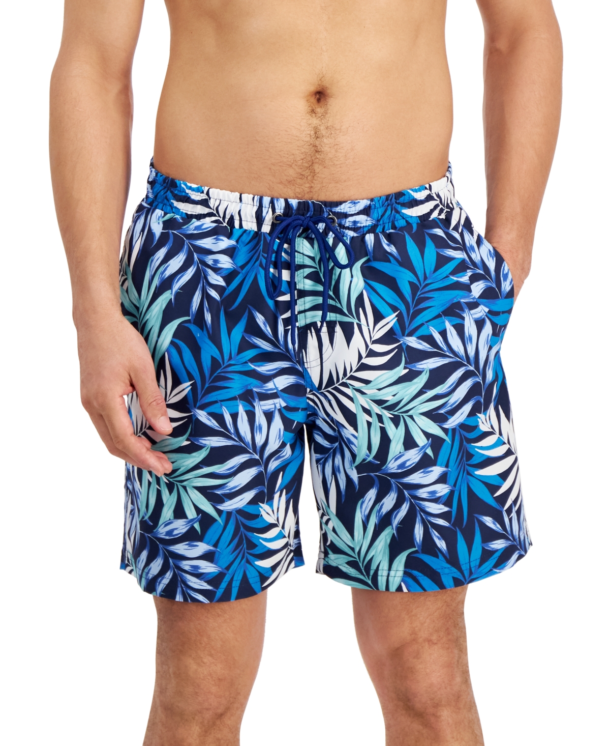 Club Room Men's Menlo Leaf-print Quick-dry 7" Swim Trunks, Created For Macy's In Navy Blue