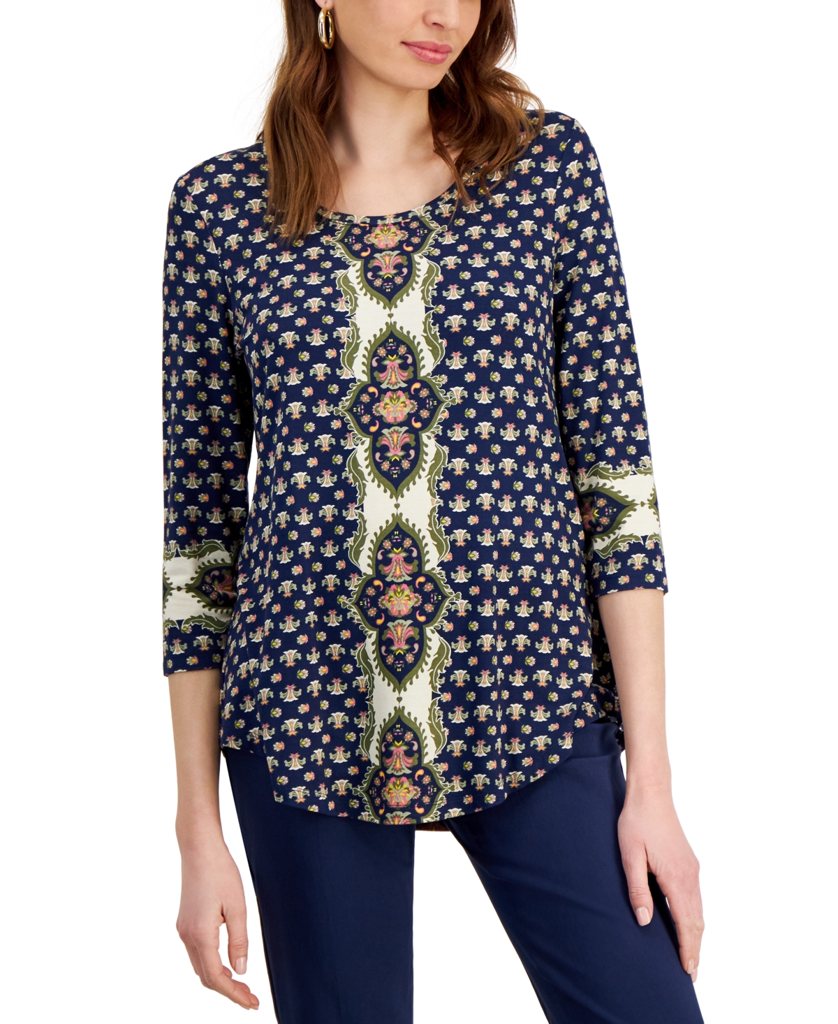 Women's Printed 3/4-Sleeve Top, Created for Macy's - Intrepid Blue Combo