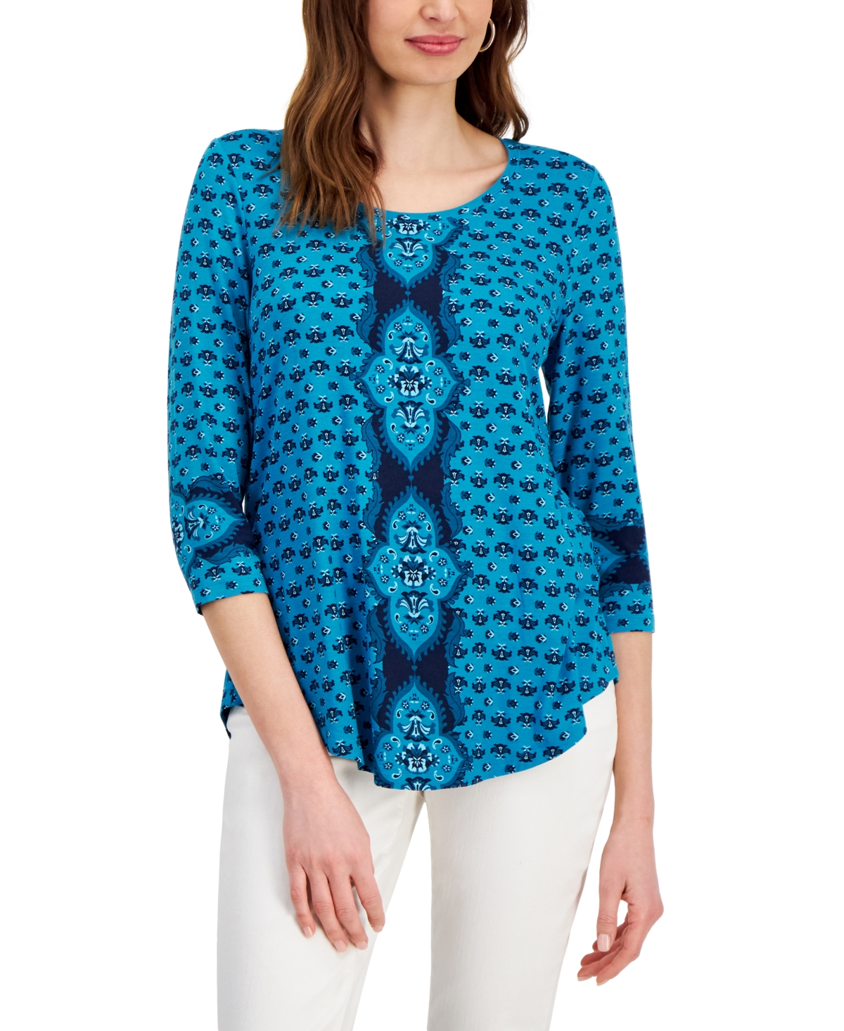 Women's Printed 3/4-Sleeve Top, Created for Macy's - Seafrost Combo