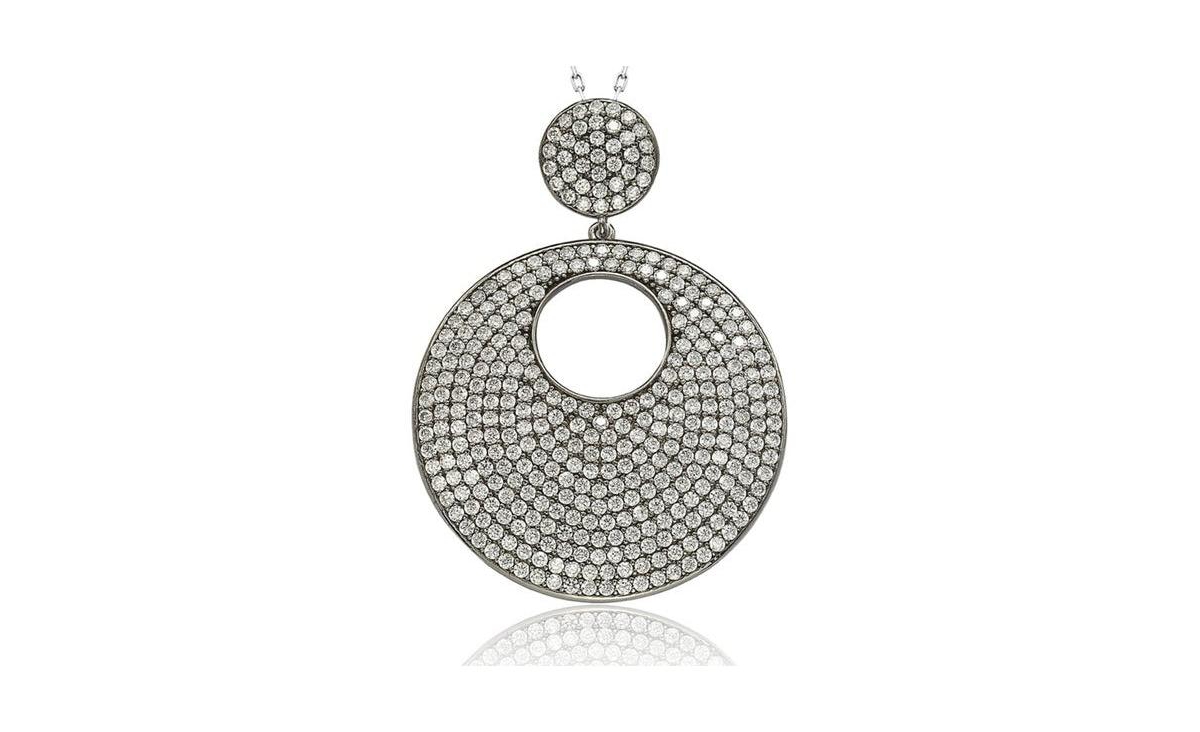 Suzy Levian Sterling Silver Cubic Zirconia Pave Open Circle Large Disk Pendant Necklace - Silver