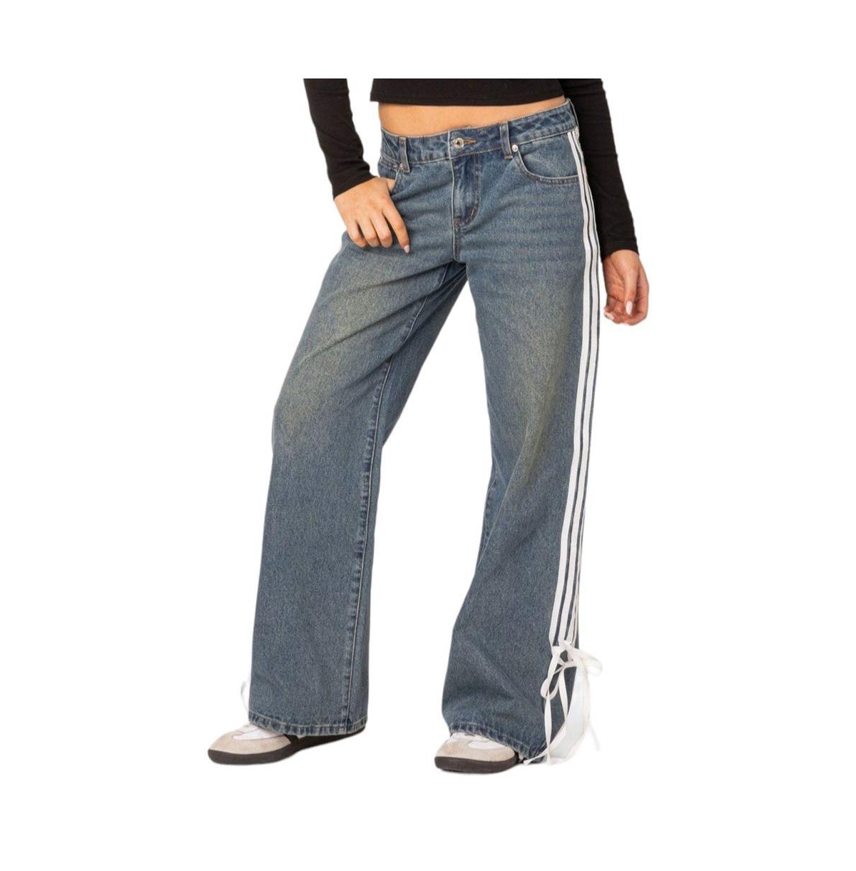 Women's Washed Low rise ribbon jeans - Blue-washed