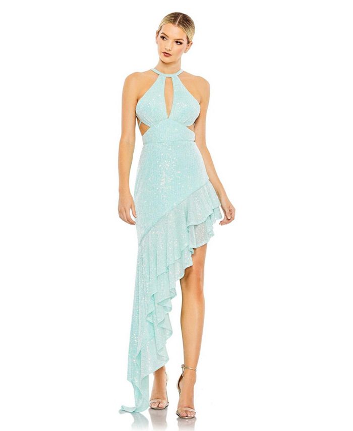 Mac Duggal Women's Ieena Sequined Halter Cut Out Ruffle Asymmetrical