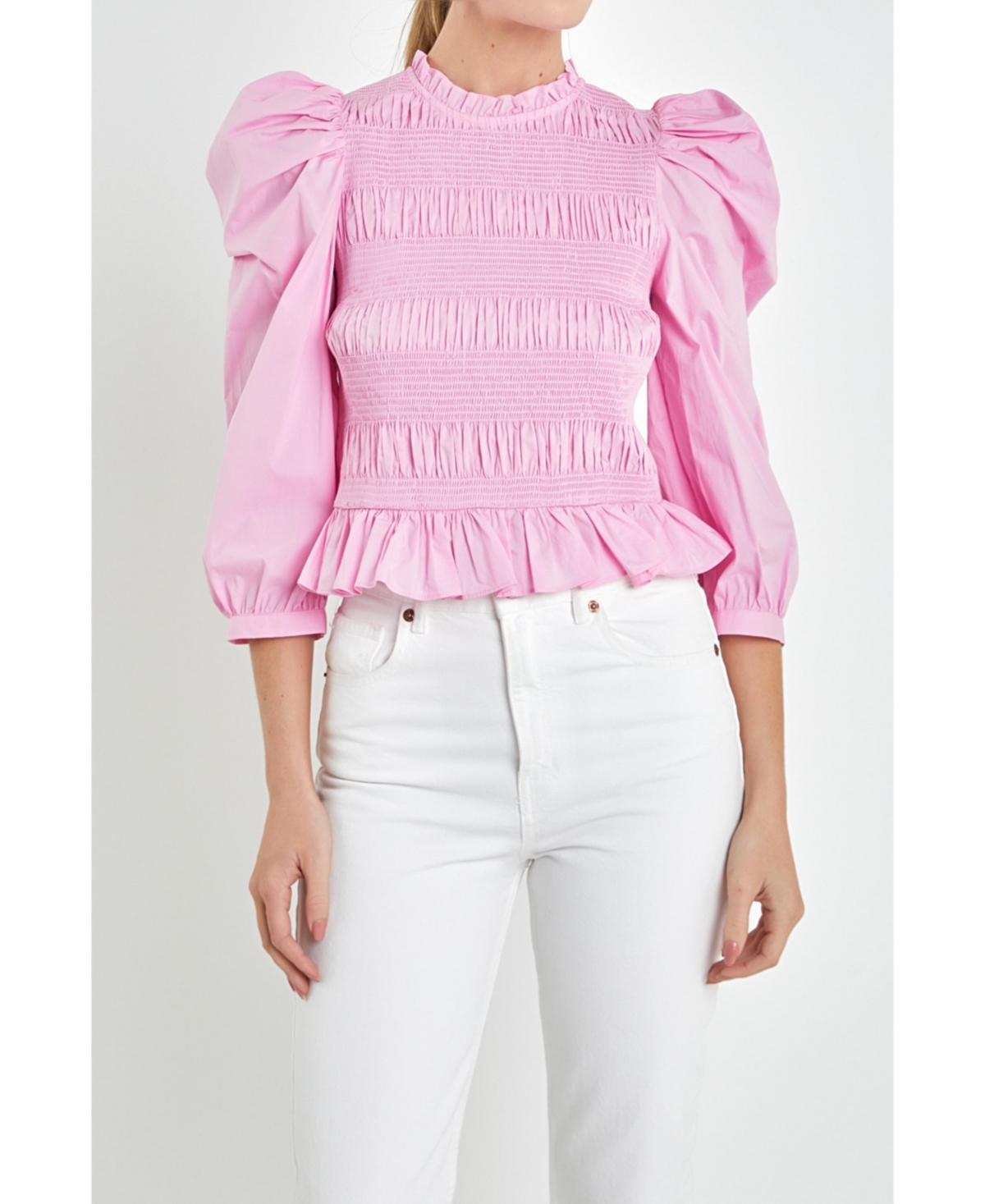 English Factory Smocked Puff Shoulder Poplin Top In Pastel Pink