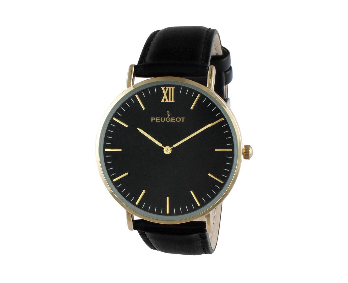 Men's 40mm Black Dial Super Slim Leather Strap Watch - Black