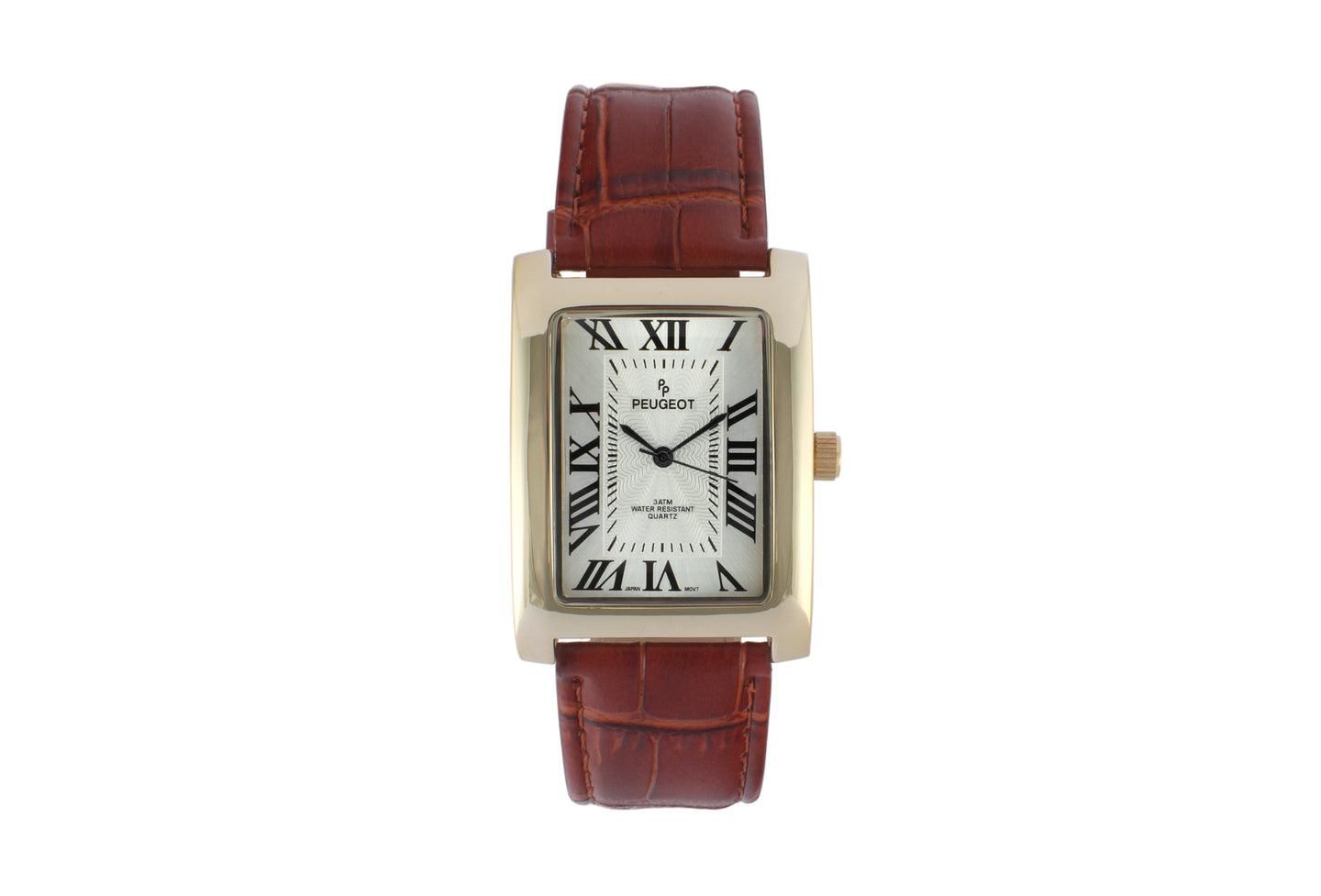 Мужские часы Peugeot 43x30 mm Brown Vintage Like Tank Leather Strap Watch — фото 1