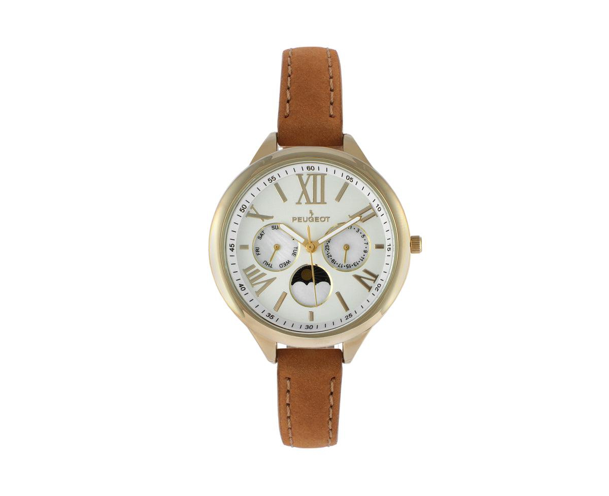 Women 38mm Watch Multi Function Suede Leather Strap - Brown