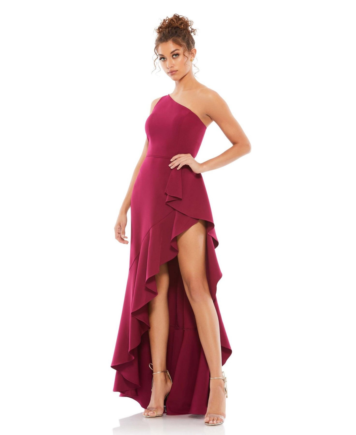 Mac Duggal One Shoulder High Slit Ruffle Gown In Berry