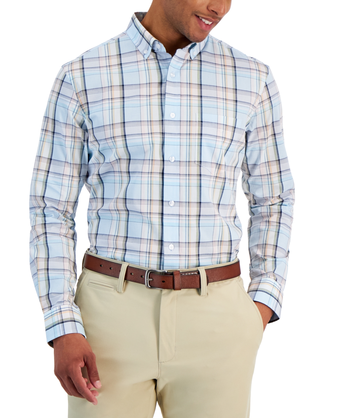 Men's Pink Plaid Poplin Shirt, Created for Macy's - Pale Ink Blue