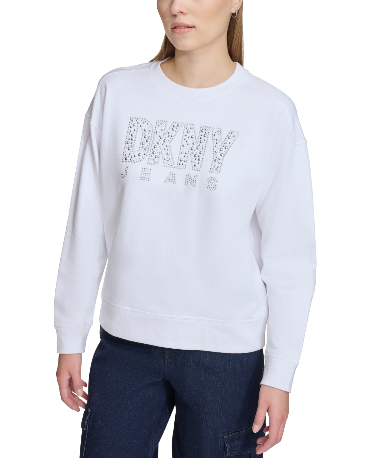 Dkny Jeans Women's Cotton Studded Logo Sweatshirt In G - Wht,shiny Silver