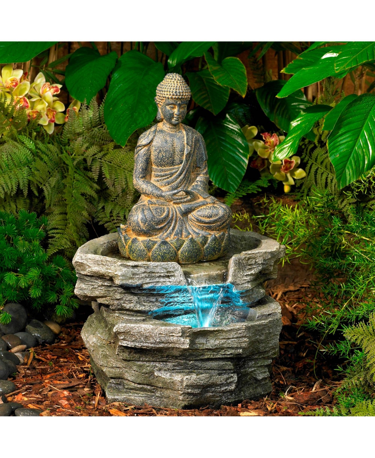 Sitting Buddha Rustic Zen Outdoor Floor Water Fountain 21" High with Led Light Meditation Decor for Garden Patio Backyard Deck Home Lawn Porch House R
