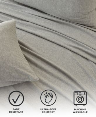 Heathered Melange T-shirt Jersey Knit Cotton Blend 4 Piece Sheet Set, Queen