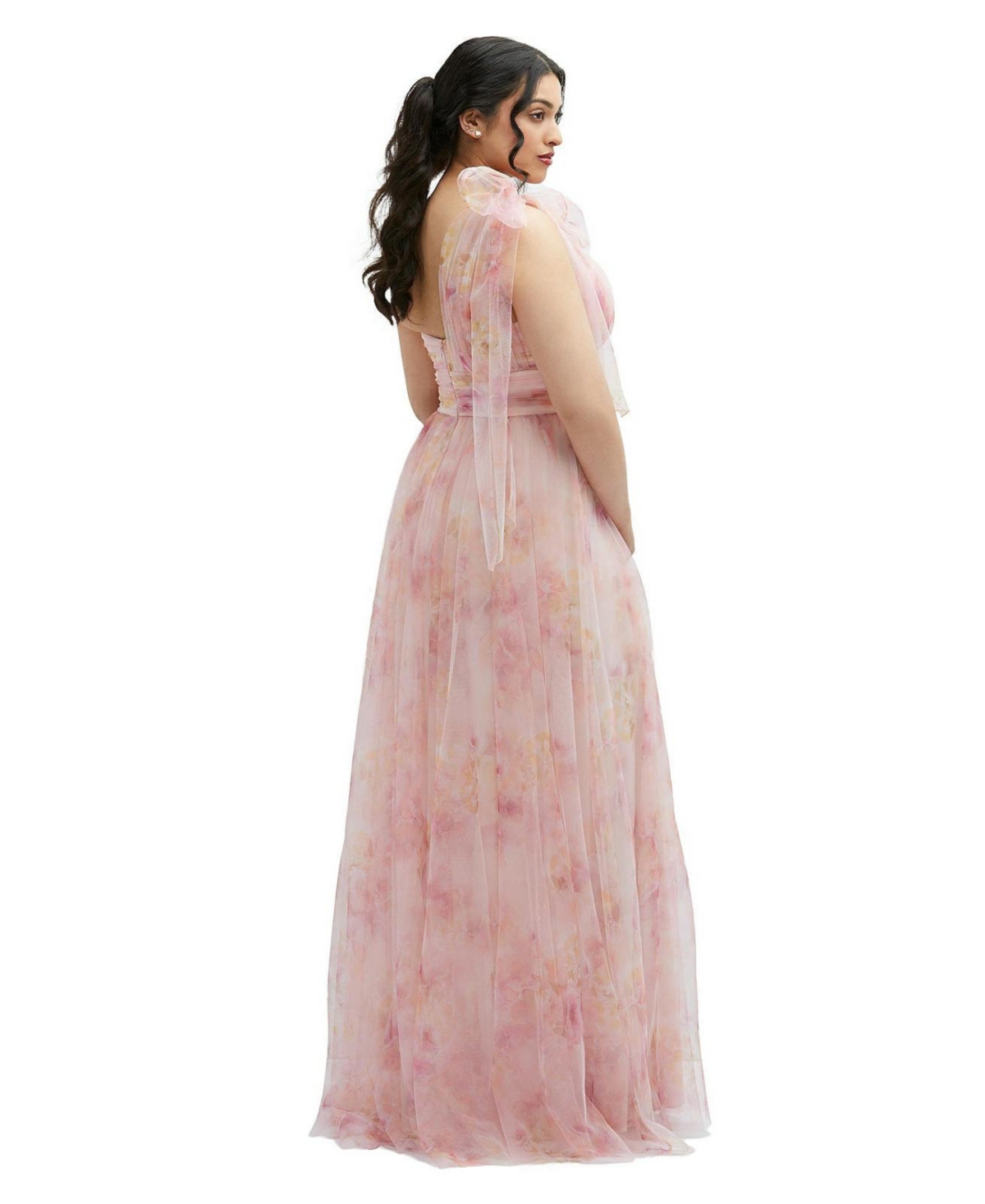 Floral Scarf Tie One-Shoulder Tulle Dress with Long Full Skirt