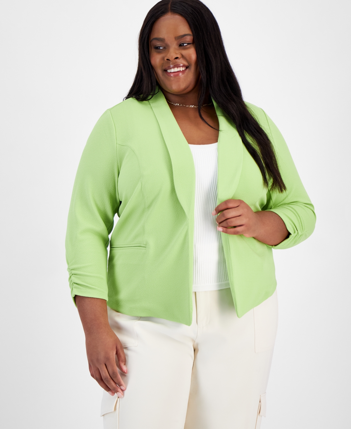 Bar Iii Trendy Plus Size Knit Drape-front Blazer, Created For Macy's In Spring Lime