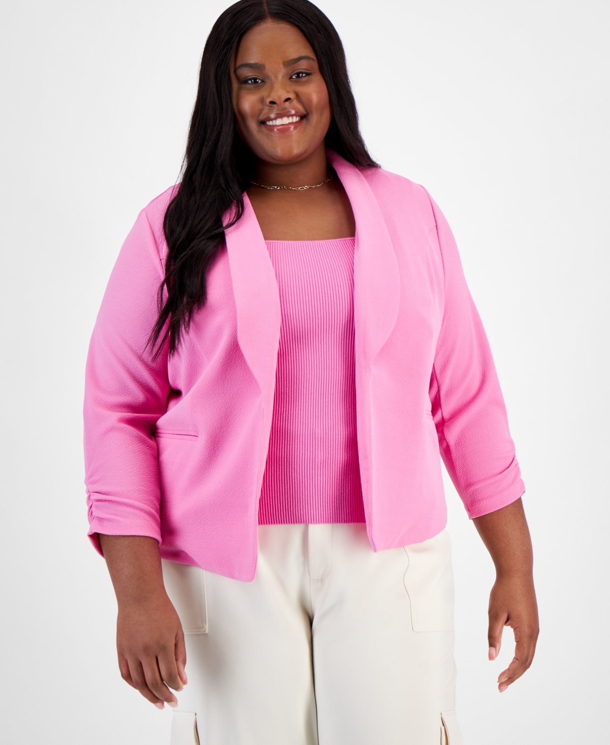 Bar Iii Trendy Plus Size Knit Drape-front Blazer, Created For Macy's In Wild Pink