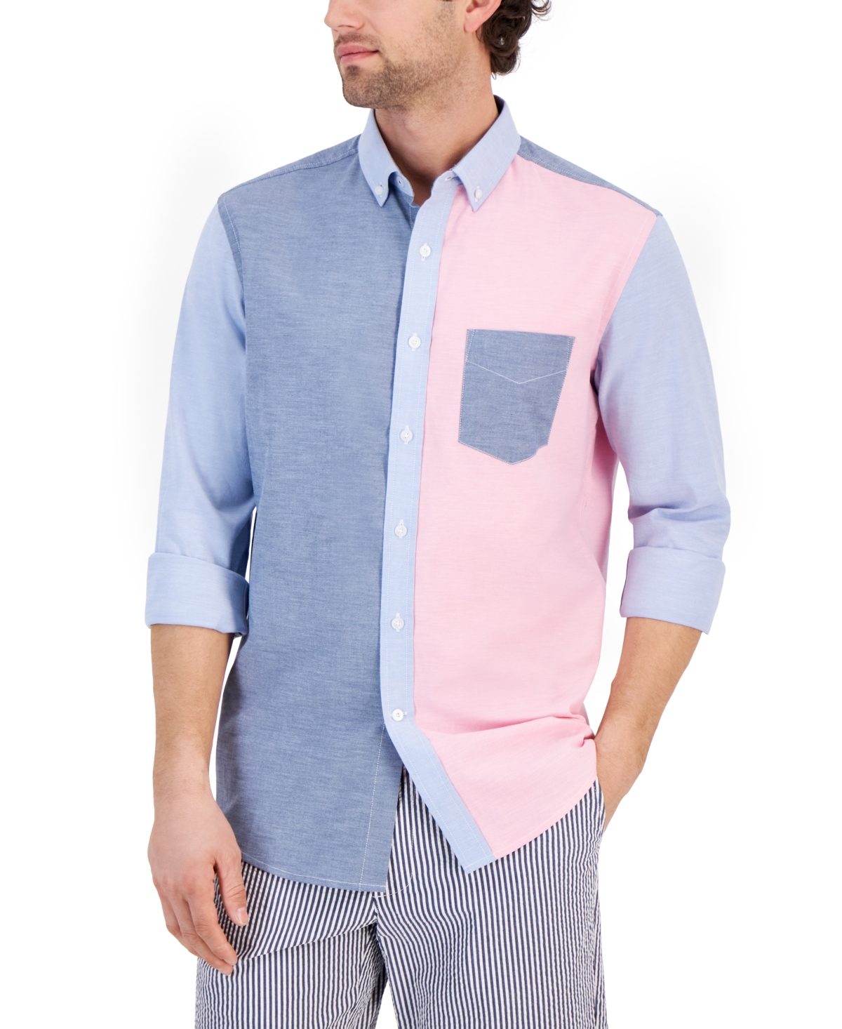 Men's Multicolor Block Oxford Shirt, Created for Macy's - Pink Sky Combo