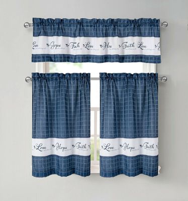 Country Living Gingham Check Hope Faith Love 3 Pc Cafe Kitchen Curtain Set