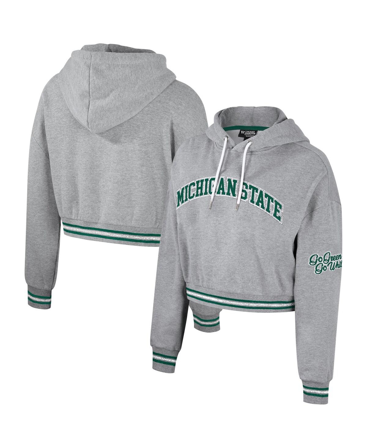 Women's The Wild Collective Heather Gray Distressed Michigan State Spartans Cropped Shimmer Pullover Hoodie - Heather Gray