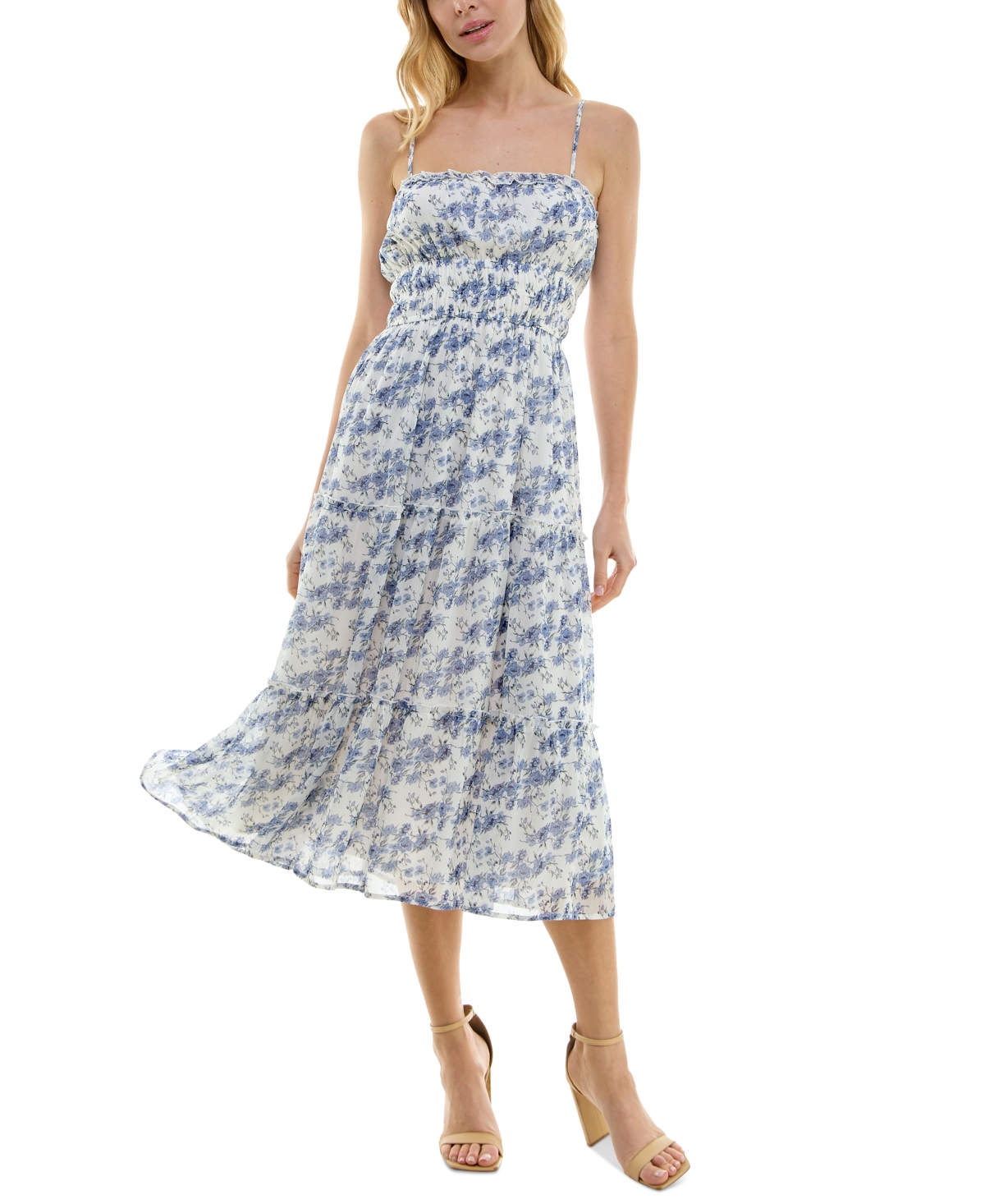 Juniors' Emma Tiered Chiffon Midi Dress - White/Blue Floral