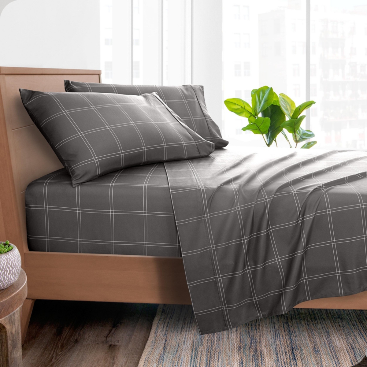 Bare Home Ultra-Soft Double Brushed Print Xl Sheet Set - Plaid - grey/white