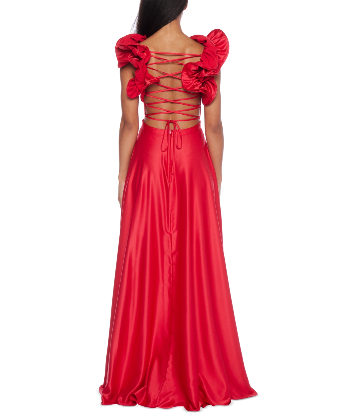 Shop B Darlin Juniors' V-neck Ruffled Lace-up Gown In Red